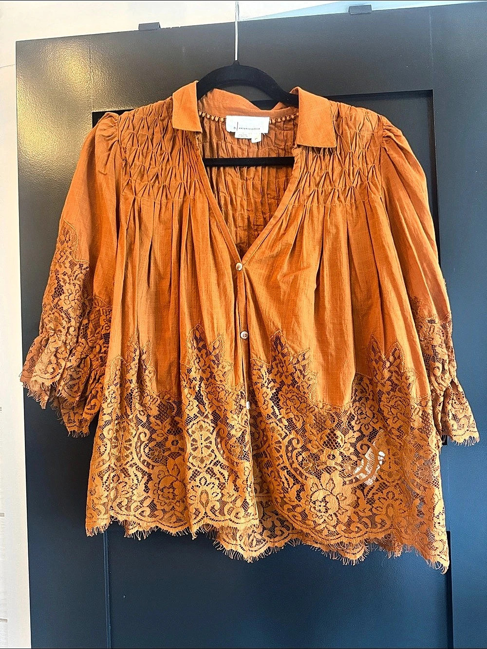 Anthropologie Orange Lace-Trim Blouse Size XS Like New- tags removed but it was